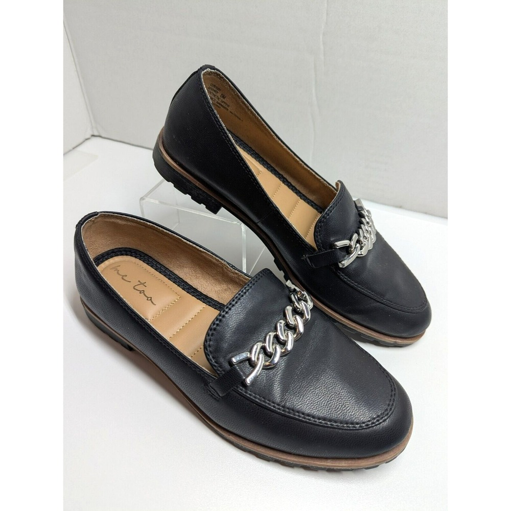Loafers Women 6 Silver Chain  Black ME TOO Preppy College  Comfort Classic